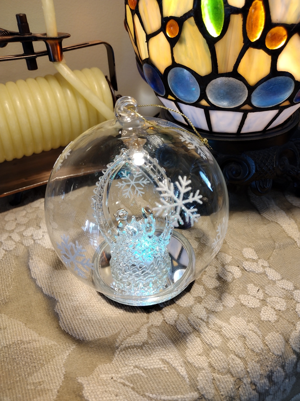 Robert Stanley Clear Glass Snowflake Holiday Ornament with LED Crown Accent